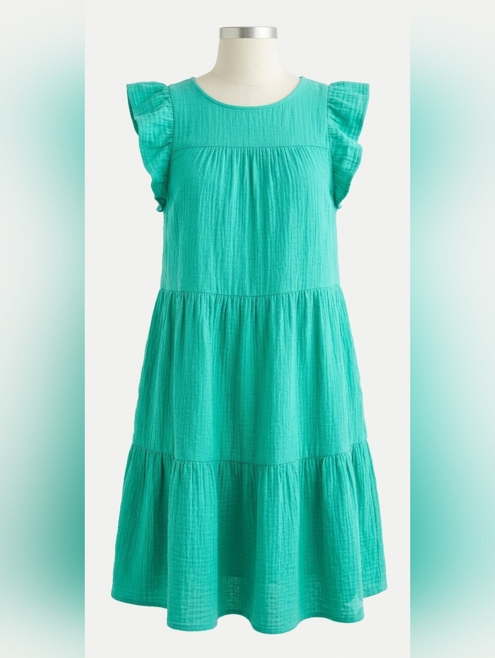 NWT J. Crew Green 100% Cotton Gauze Ruffle Sleeve Tiered Mini Dress Beach Size 2